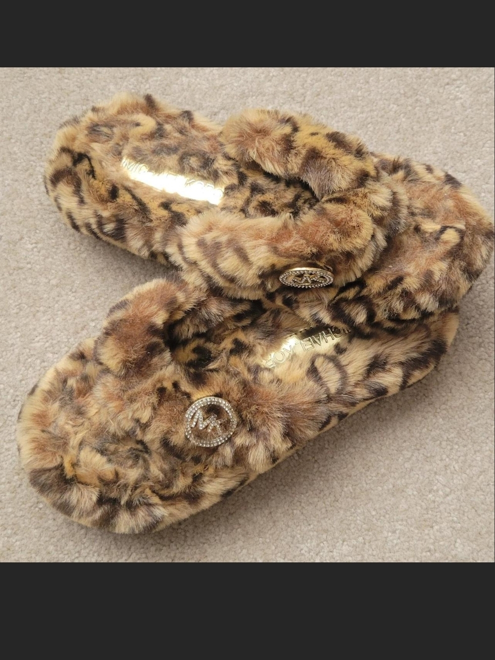 Michael Kors Leopard Faux-Fur Slide Slippers in Brown and Tan